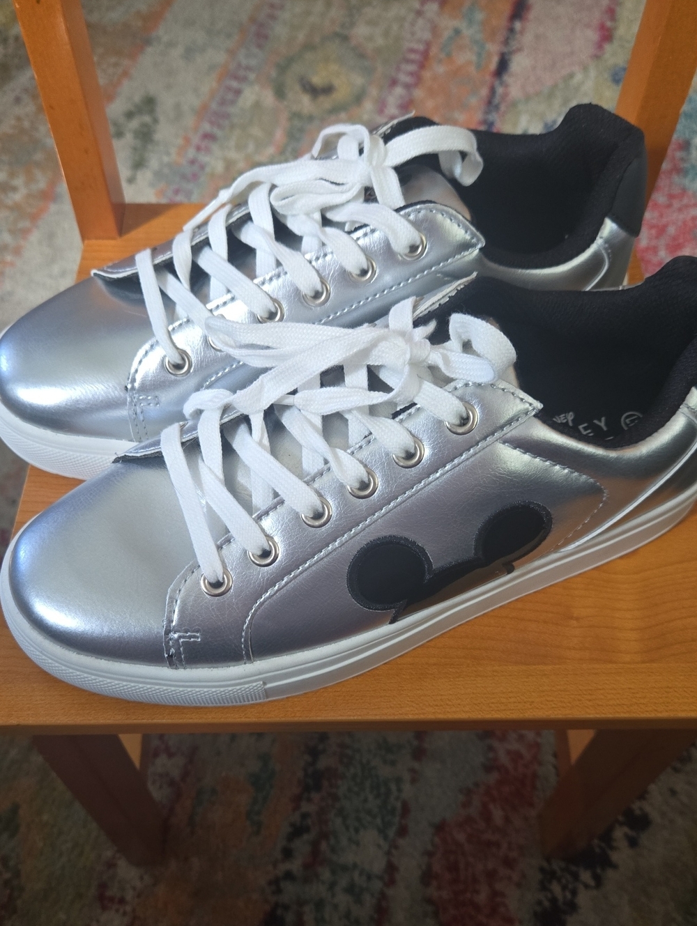 Disney Mickey Mouse Metallic Silver Sneakers Low Top Lace Up Shoes Womens 10